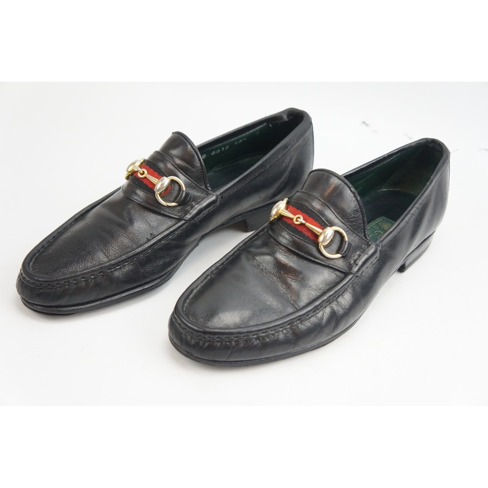 Gucci Horsebit Loafers 40.5 D Black Leather Web Stripe Vintage Good